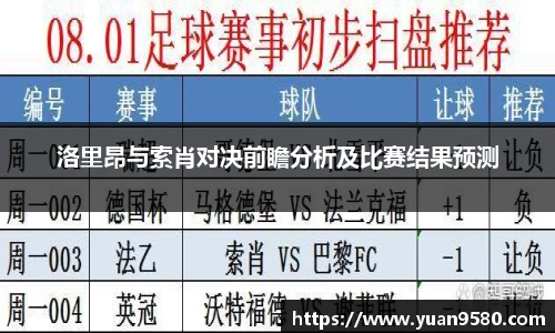 洛里昂与索肖对决前瞻分析及比赛结果预测